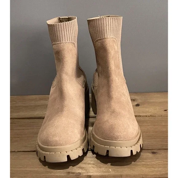 Steve Madden Women's Zappa Lug Sole Boots Size 11 Suede Mushroom Beige Ribbed - Picture 3 of 16
